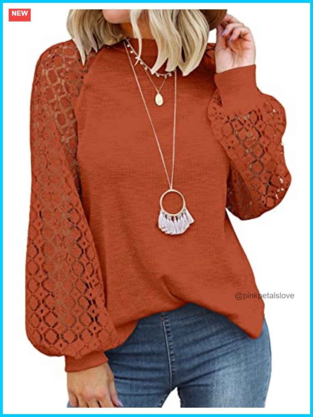 Lace Long Sleeve Waffle Knit Blouse Loose Fit Tunic Top
